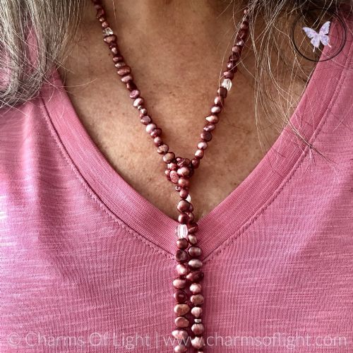 Pearl & Clear Quartz Lariat Necklace (Burgundy)